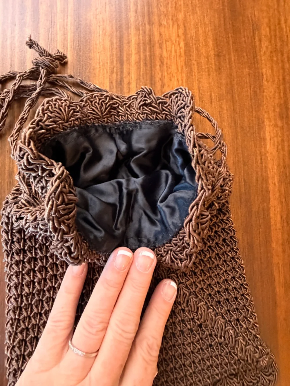 Brown Crochet Drawstring Satchel Bag